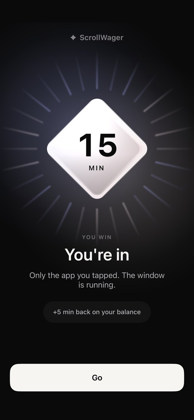 Win screen: 15 minutes. You win. You're in. Only the app you tapped. The window is running. Plus 5 min back on your balance.